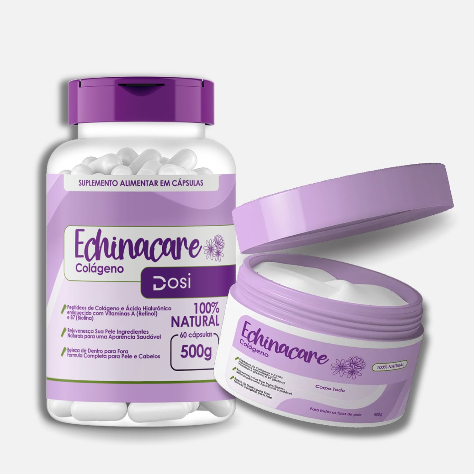 Kit com 1 suplemento Echinacare Colágeno de 60 cápsulas e creme corporal Echinacare 500g para hidratação e revitalização da pele.