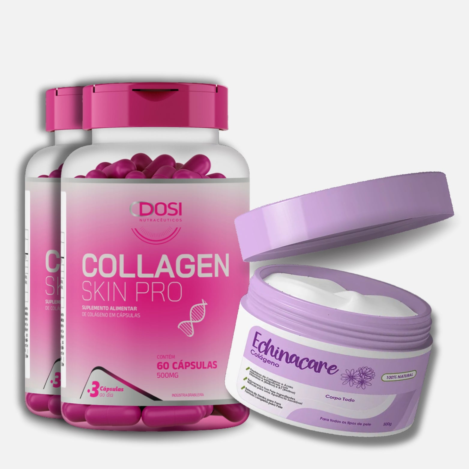 Kit com 2 suplementos Dosi Collagen Skin Pro de 60 cápsulas e creme Echinacare Colágeno 300g para cuidados com pele, unhas e cabelos.