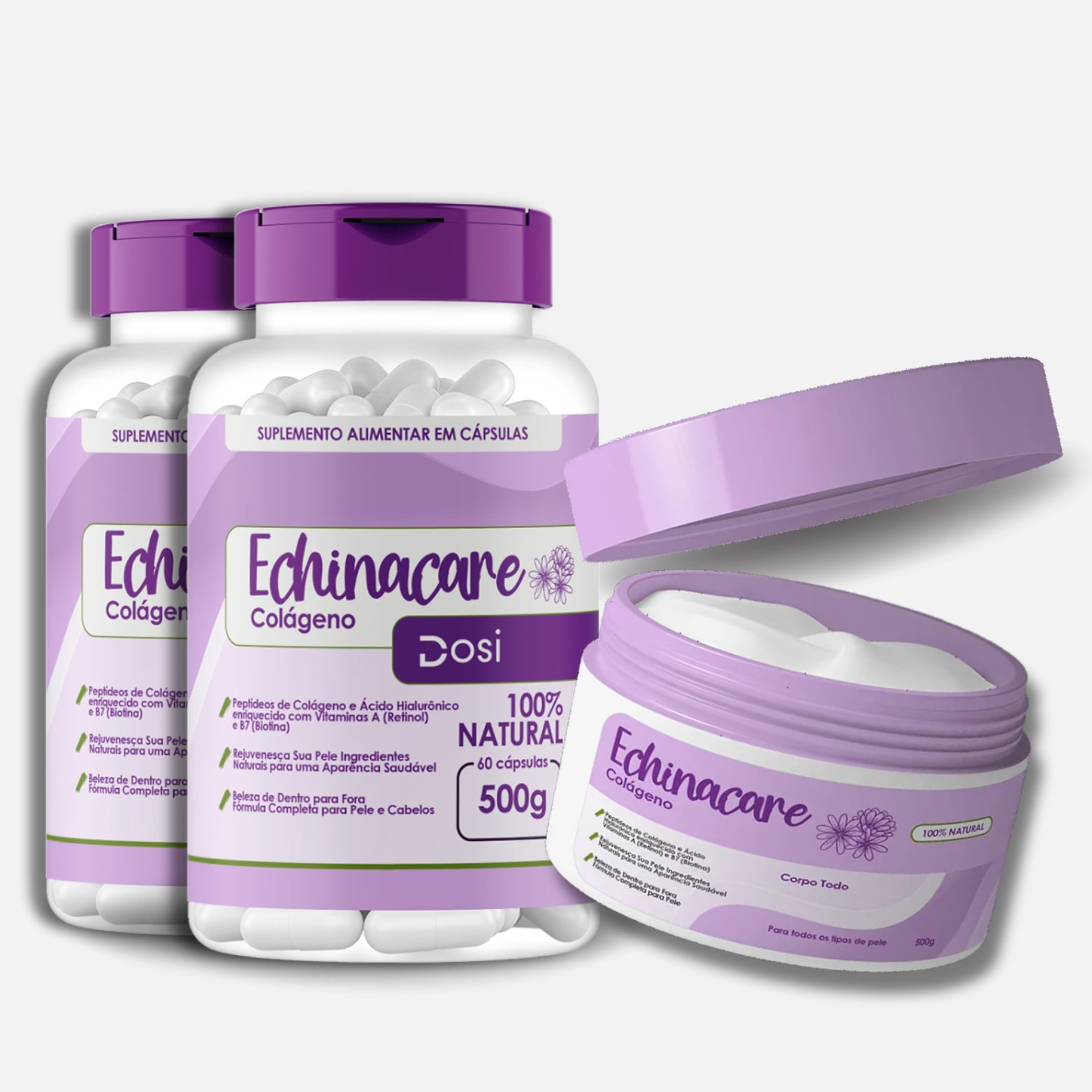 Kit com 2 suplementos Echinacare Colágeno de 60 cápsulas e creme corporal Echinacare 500g para hidratação e revitalização da pele.