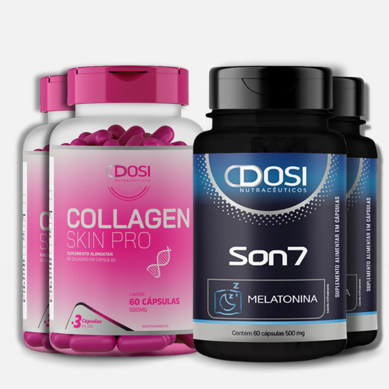 Kit com 2 suplemento Dosi Collagen Skin Pro 60 cápsulas para pele, unhas e cabelos + 2 frascos de Son7 Melatonina 60 cápsulas para sono reparador