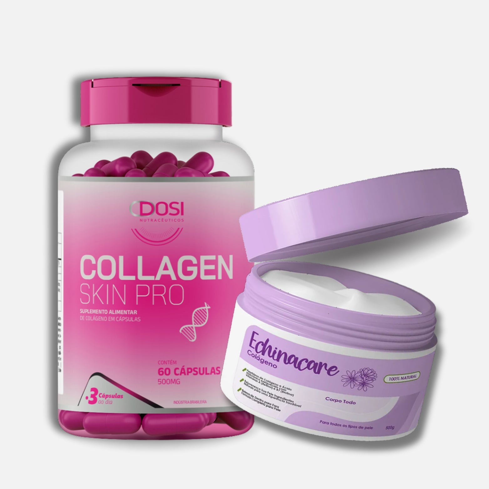 Kit de cuidados Dosi Collagen Skin Pro com 60 cápsulas de colágeno e creme Echinacare Colágeno 300g para pele, unhas e cabelos.