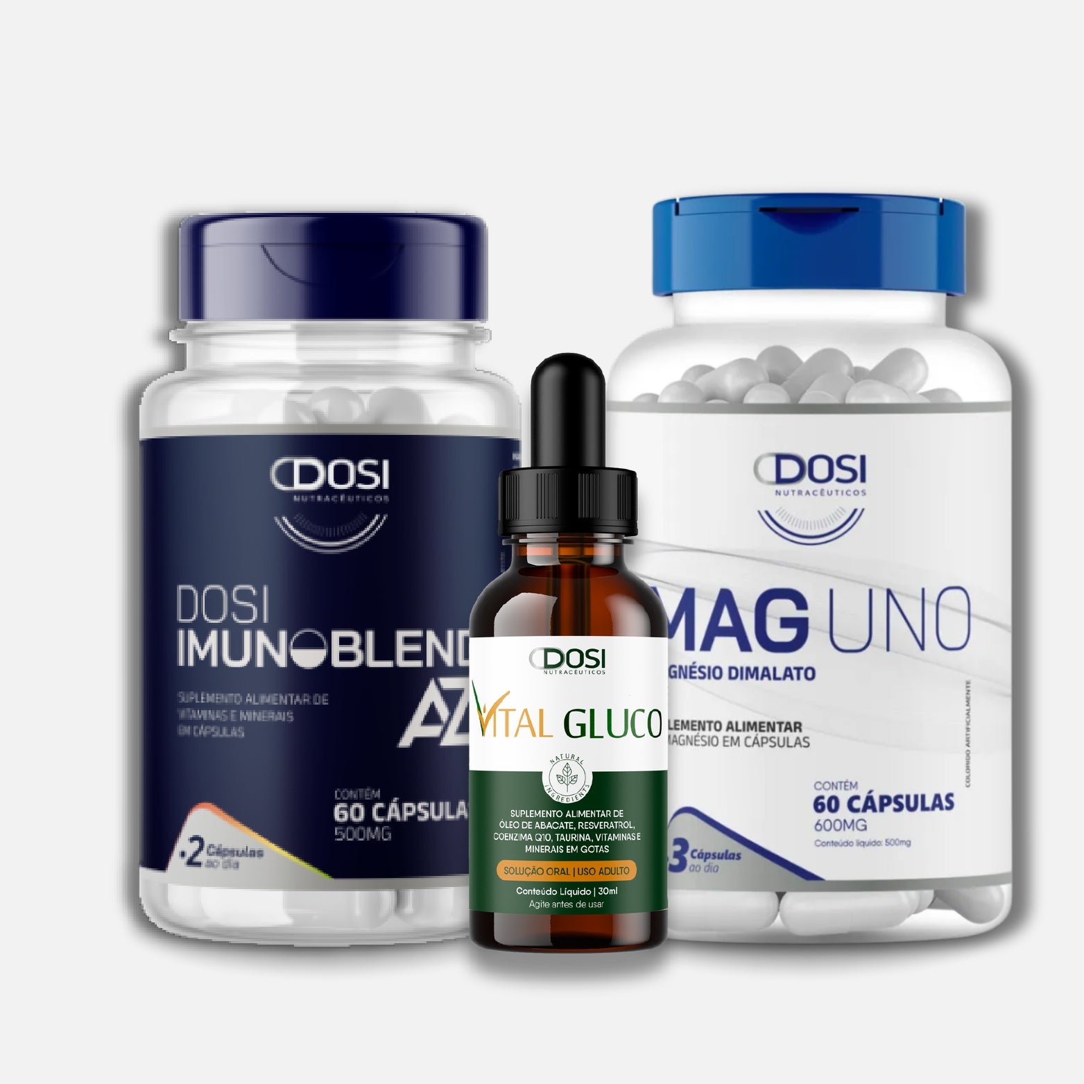 Kit de suplementos Dosi Imunoblend AZ 60 cápsulas, Mag Uno 60 cápsulas e Vital Gluco 30ml para suporte imunológico e equilíbrio glicêmico.