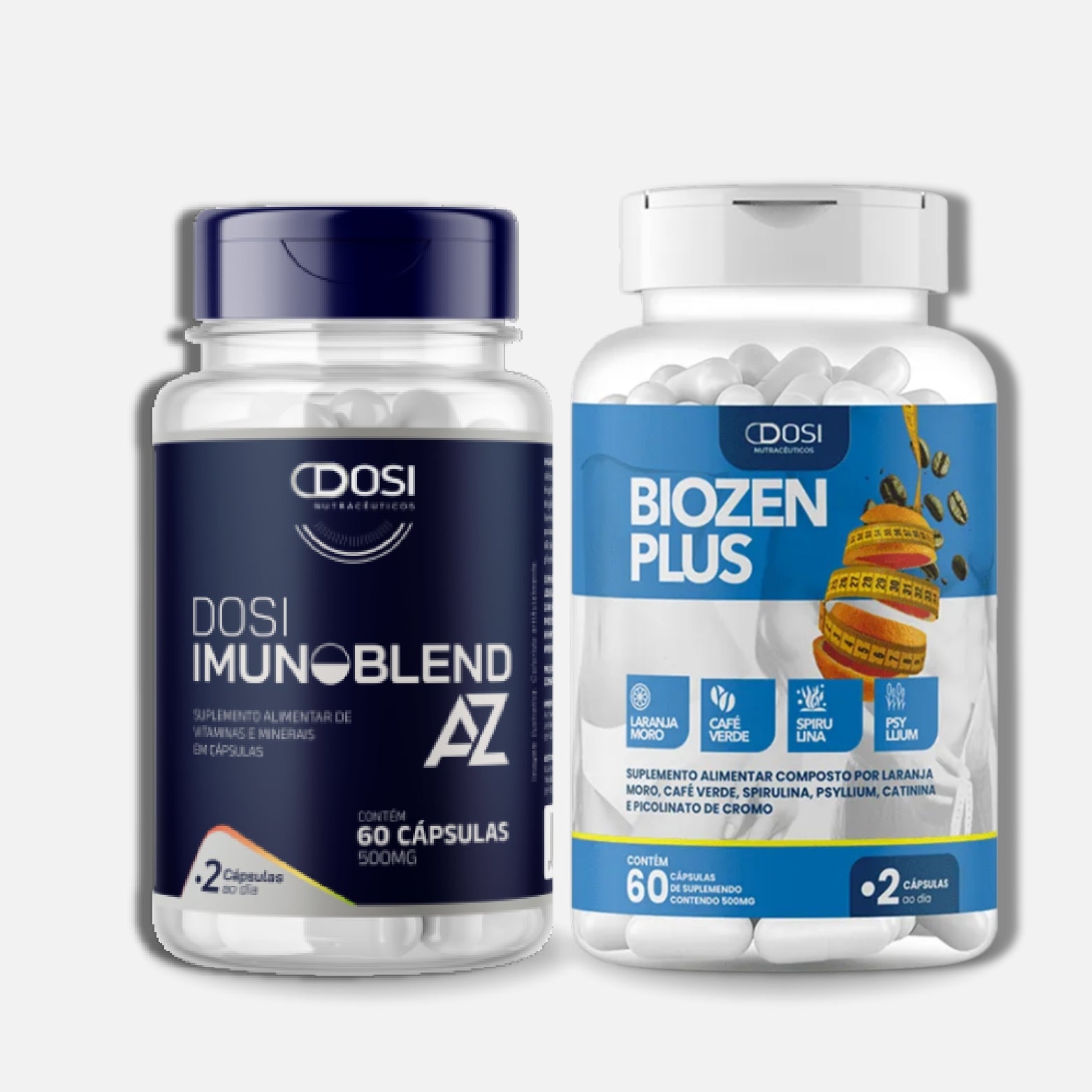 Kit de suplementos Dosi Imunoblend AZ e Biozen Plus, frascos de 60 cápsulas, com vitaminas, minerais, laranja moro, café verde, spirulina e cromo.