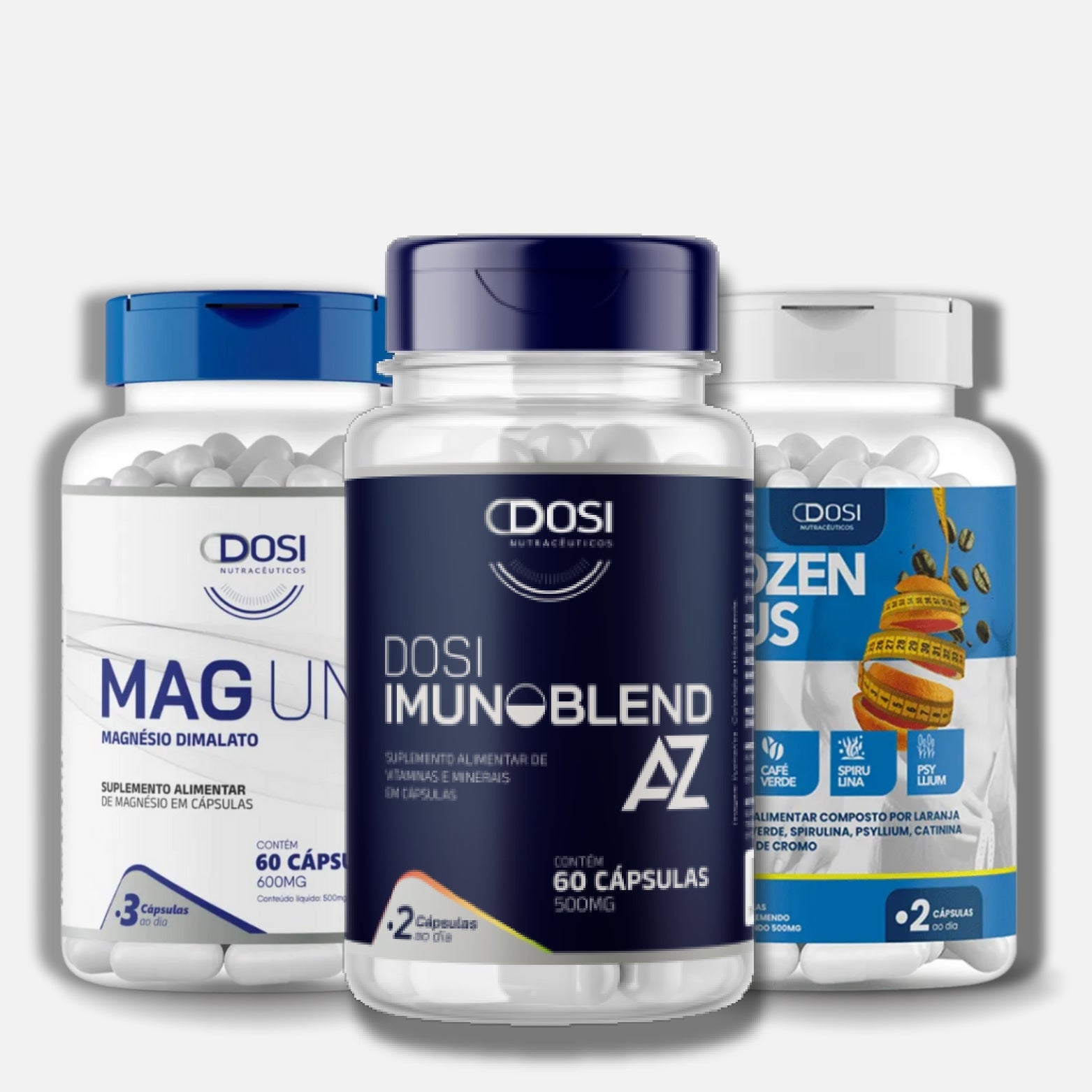 Kit de suplementos Dosi Maguno 60 cápsulas, Imunoblend AZ 60 cápsulas e Biozen Plus 60 cápsulas para suporte imunológico, energia e bem-estar.