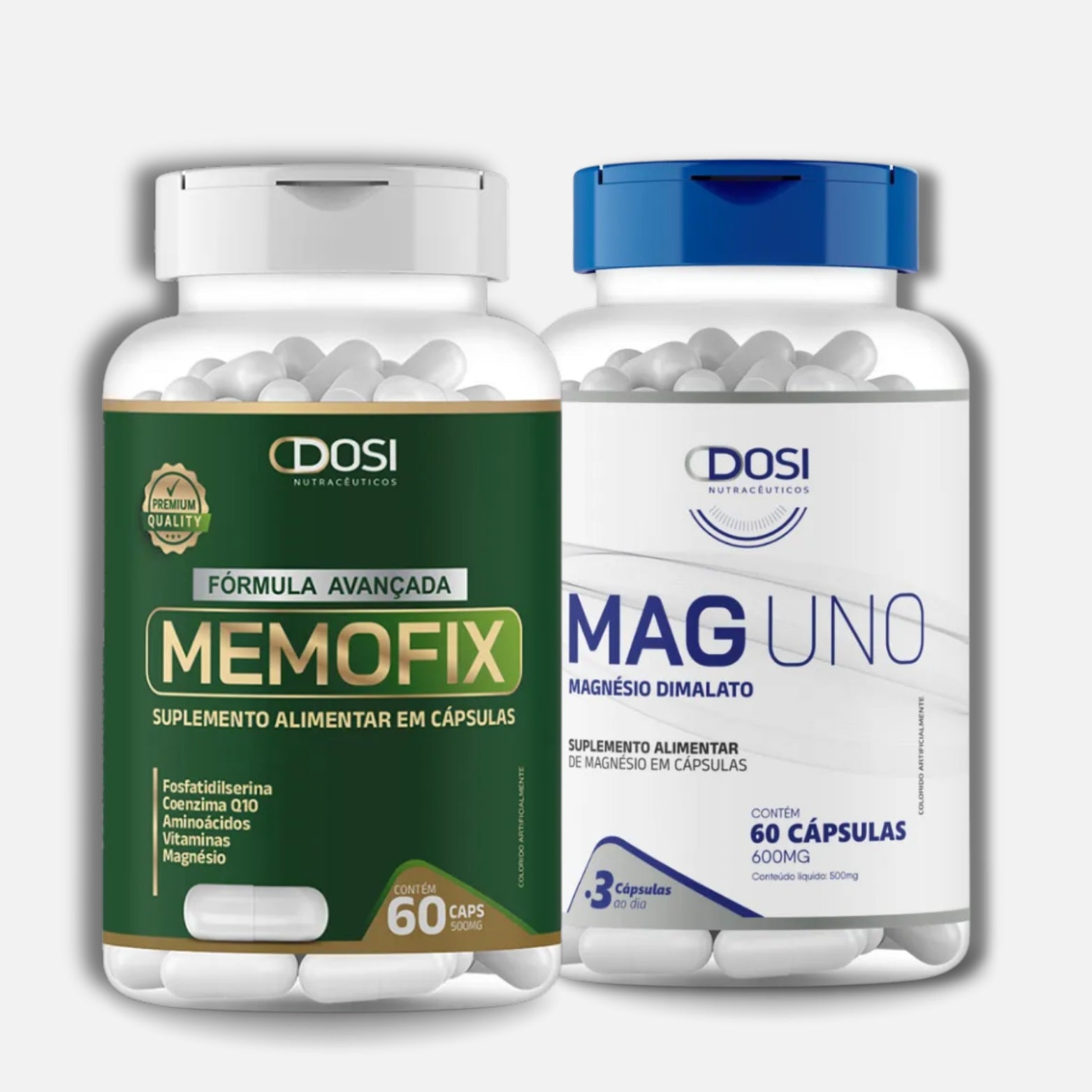 Kit de suplementos Dosi Memofix 60 cápsulas com fósfatidilserina, vitaminas e minerais, e Maguno 60 cápsulas com magnésio dimalato para foco e energia.
