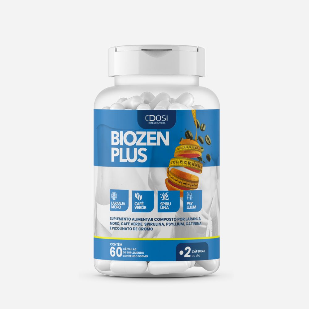 Biozen Plus Dosi 60 cápsulas – Suplemento natural com laranja moro, café verde, spirulina e psyllium para controle de peso e saúde metabólica.