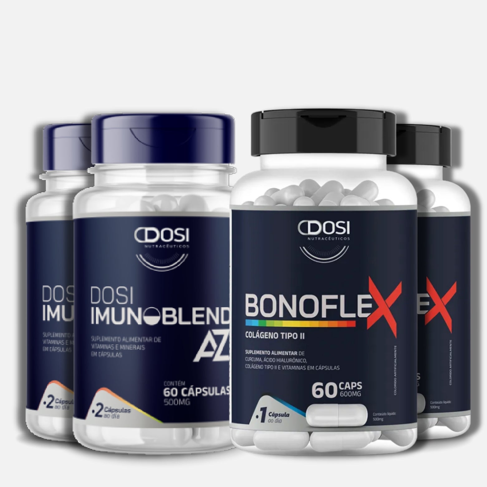 Kit com 2 frascos de Dosi Imunoblend AZ 60 cápsulas e 2 frascos Bonoflex Colágeno Tipo II 60 cápsulas para imunidade e articulações.