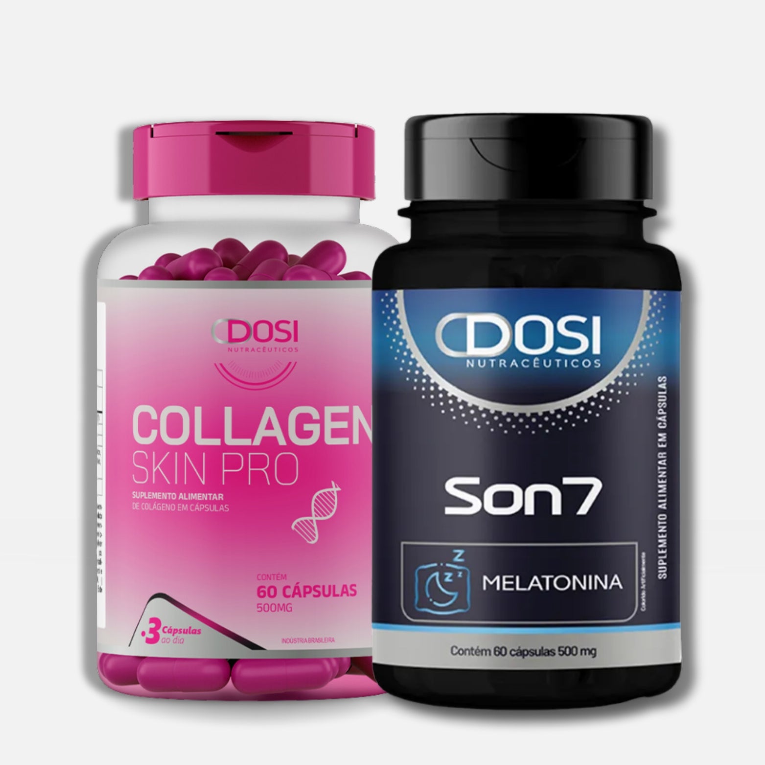 Kit com 1 suplemento Dosi Collagen Skin Pro 60 cápsulas para pele, unhas e cabelos + 1 frascos de Son7 Melatonina 60 cápsulas para sono reparador