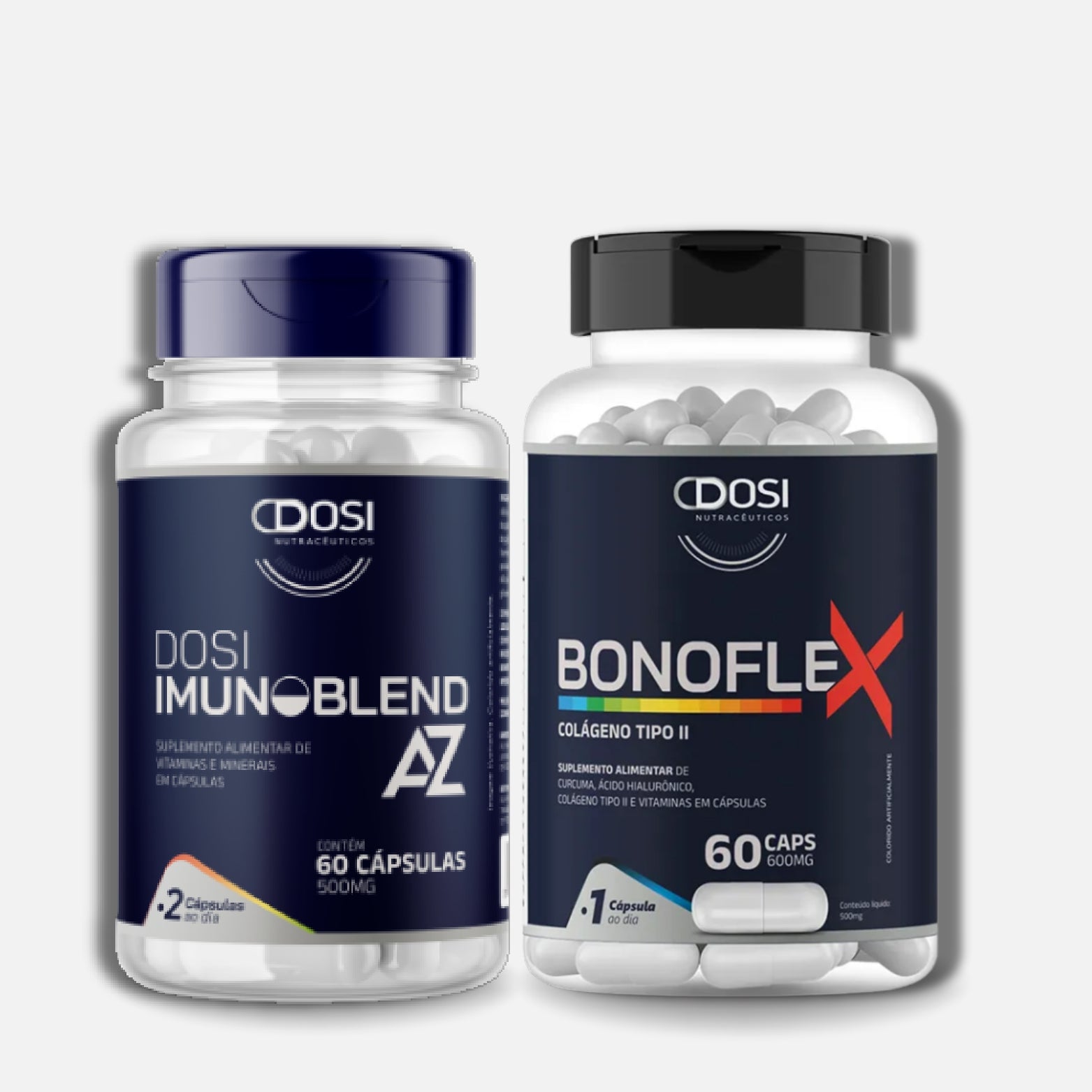 Kit com suplementos Dosi Imunoblend AZ 60 cápsulas e Bonoflex Colágeno Tipo II 60 cápsulas para suporte imunológico e saúde das articulações.