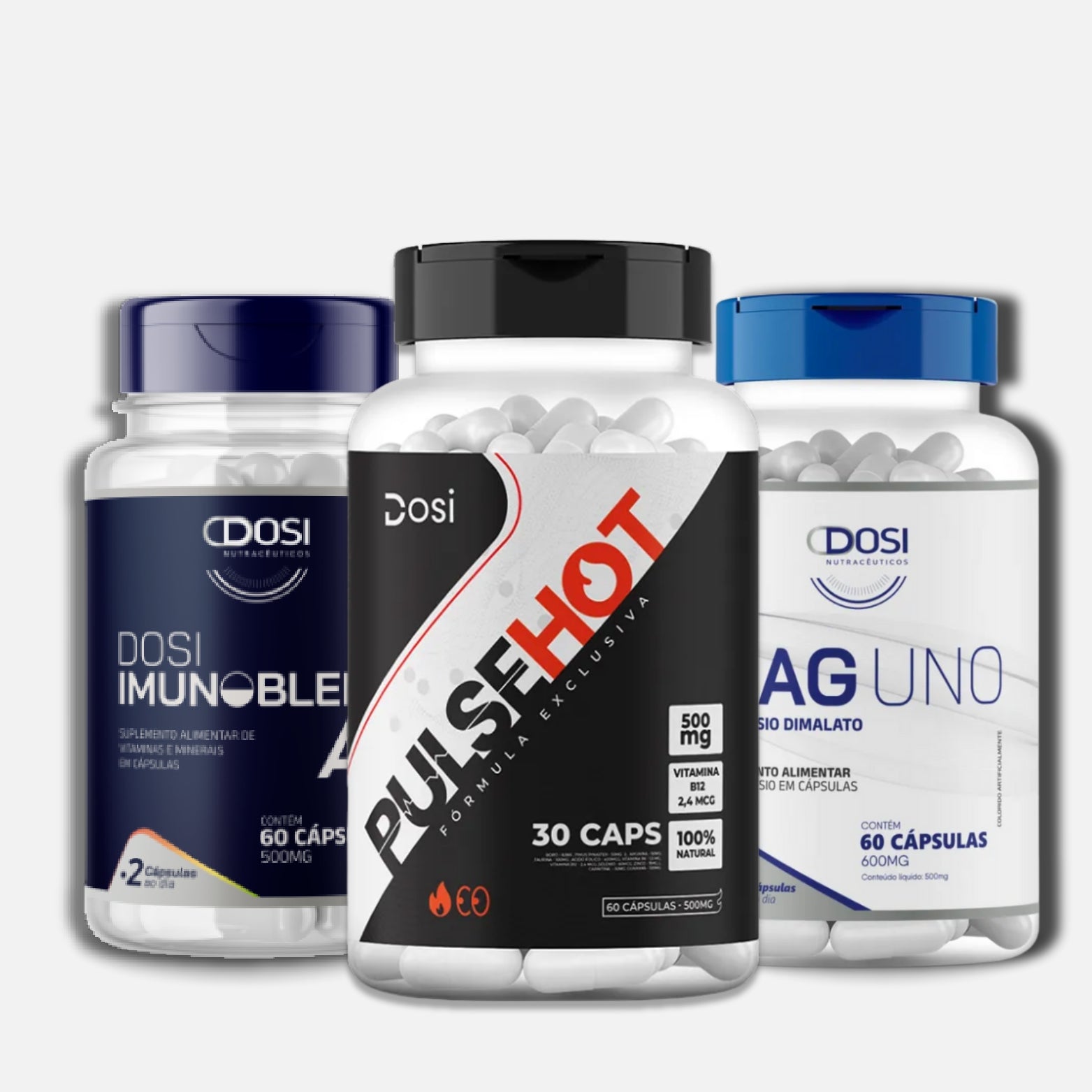 Kit de suplementos Dosi Imunoblend AZ 60 cápsulas, PulseHot 30 cápsulas e Maguno 60 cápsulas. Composição para energia, imunidade e desempenho.