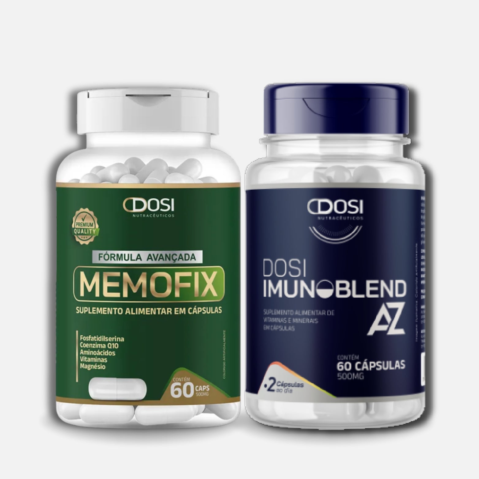 Kit de suplementos Dosi Memofix 60 cápsulas com fósfatidilserina, coenzima Q10, vitaminas e minerais, e Dosi Imunoblend AZ 60 cápsulas para suporte cerebral e imunológico.
