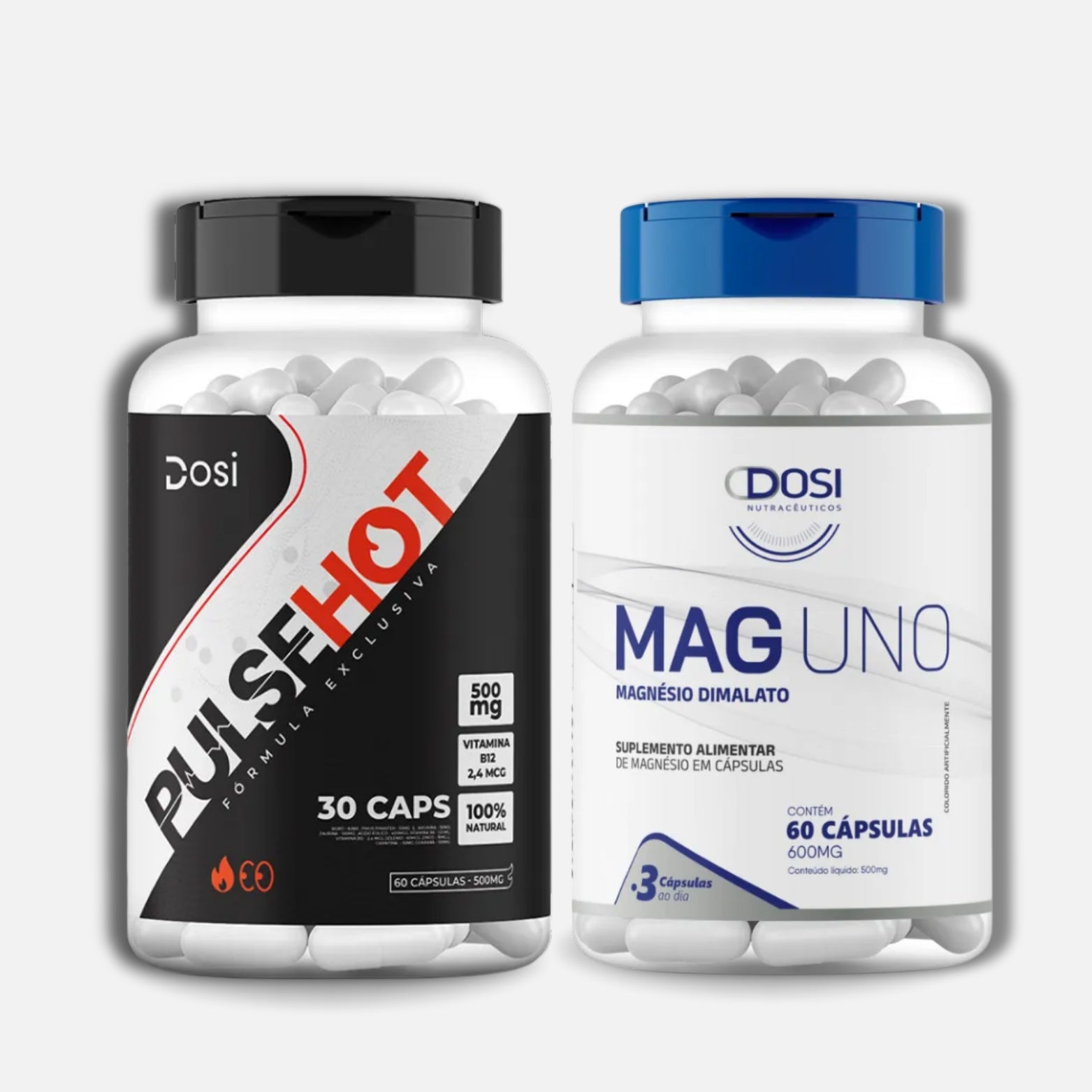 Kit de suplementos Dosi Pulse Hot e Mag Uno, frascos de 30 e 60 cápsulas, fórmula exclusiva com vitamina B12 e magnésio dimalato, 100% natural.